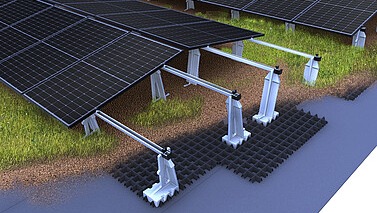 PV Montagesystem auf Gründach mit ost-west ausgerichteten Modulen