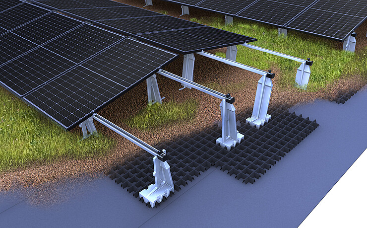 Photovoltaik Gründach Befestigung mit Ost-West ausgerichteten Modulen